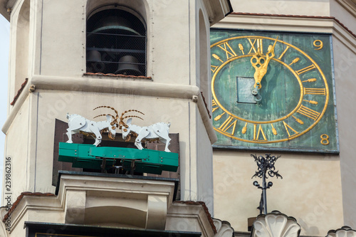 Tower of the City Hall on the Market square in Poznan, Poland. The mechanized goats, which are the symbol of the town, appearing once a day at noon
