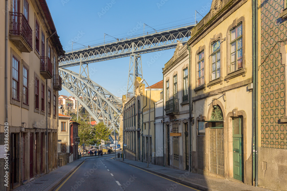 Street view at  the famous bridge Ponte dom Luis in Porto, Portugal