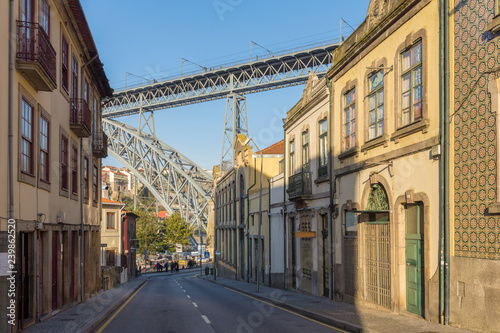 Street view at the famous bridge Ponte dom Luis in Porto, Portugal