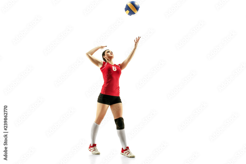 Female professional volleyball player isolated on white with ball. The athlete, exercise, action, sport, healthy lifestyle, training, fitness concept