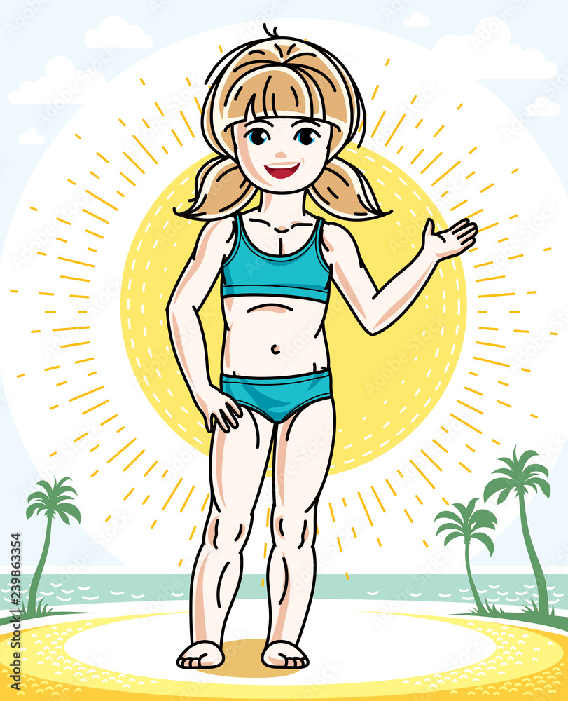 Cute little blonde girl standing  on tropical beach with palms. Vector human illustration wearing colorful bathing suit.