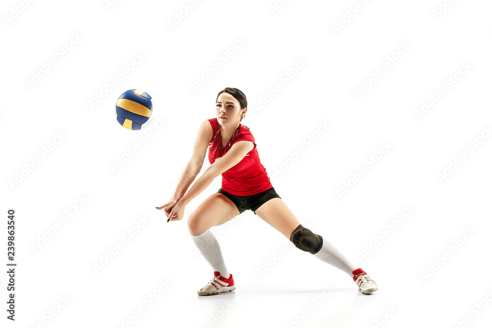 Fototapeta premium Female professional volleyball player isolated on white with ball. The athlete, exercise, action, sport, healthy lifestyle, training, fitness concept