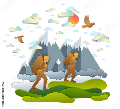 Active father and teenage son hiking through grasslands to mountains, birds in the summer sky. Fatherhood, hiker men having time of freedom in nature summer holidays, vector illustration.