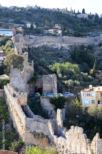 Ancient Bedesten Alanya fortress wall towers structure. Turkey. Top view. photo