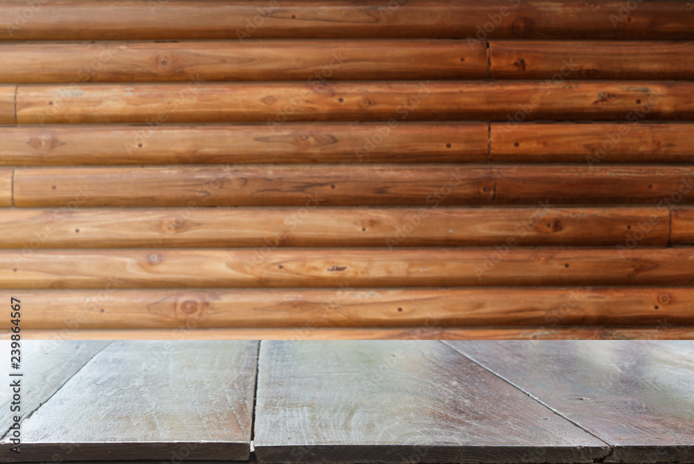 Fototapeta premium Empty desk with Vintage Wooden panel texture or side view of wall for background
