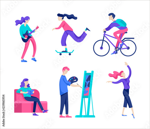 People enjoying their hobbies, reading book, shopping, dancing, cycling, skateboarding, riding a scooter, paint walls and a picture, play the guitar, cooking. Vector character