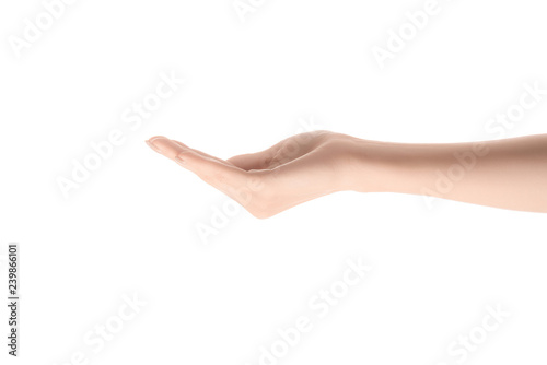 partial view of woman with empty hand asking for something isolated on white