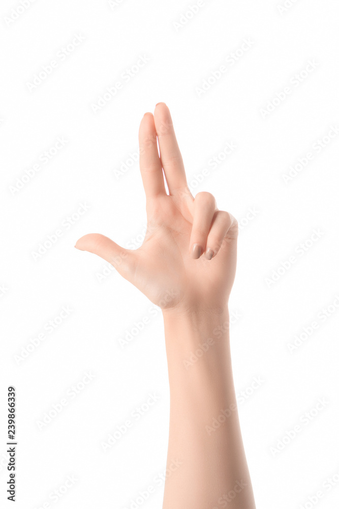 partial view of woman making gun gesture with hands isolated on white partial view of woman making gun gesture with hands isolated on white