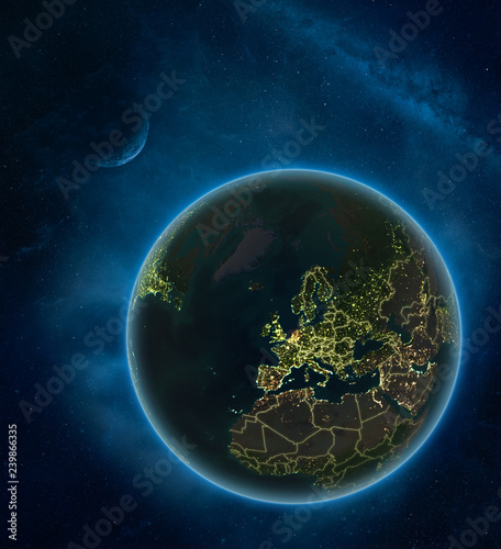 Netherlands at night from space with Moon and Milky Way. Detailed planet Earth with city lights and visible country borders.
