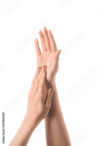 partial view of woman hands touching isolated on white