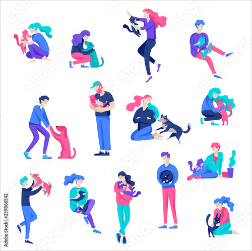 Vector character. Happy people with their pets, cat and dog love their owners. Colorful flat concept illustration.