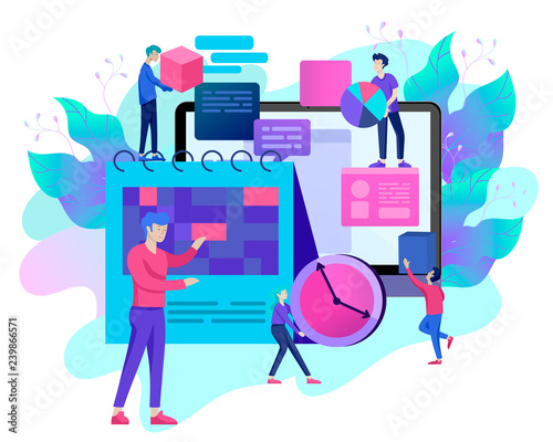 Landing page template of planning timework management people. Businnes Start Up Concept. Income and Success. Workers are studying the infographic, the analysis of evolutionary scale. Vector Business