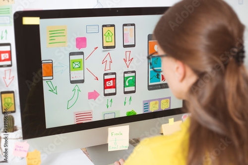 Designer develops applications for mobile phones. A woman works with user mockups for smartphones in the office, at the computer.