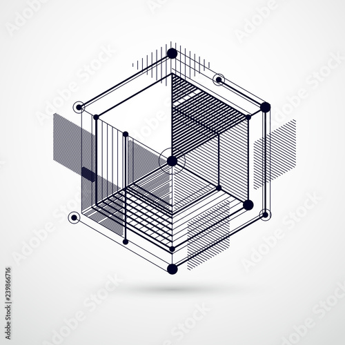 Abstract geometric vector black and white background with cubes and other elements. Composition of cubes, hexagons, squares, rectangles and abstract elements. Perfect background for your designs