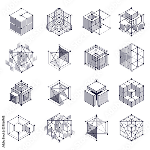 Isometric abstract black and white backgrounds set with linear dimensional cube shapes, vector 3d mesh elements. Layout of cubes, hexagons, squares, rectangles and different abstract elements.