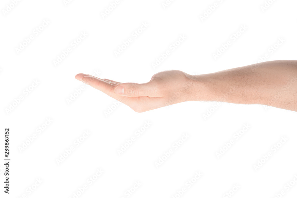 cropped view of man with empty hand asking for something isolated on white cropped view of man with empty hand asking for something isolated on white