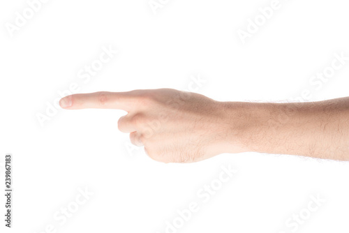 cropped view of man pointing left with finger isolated on white