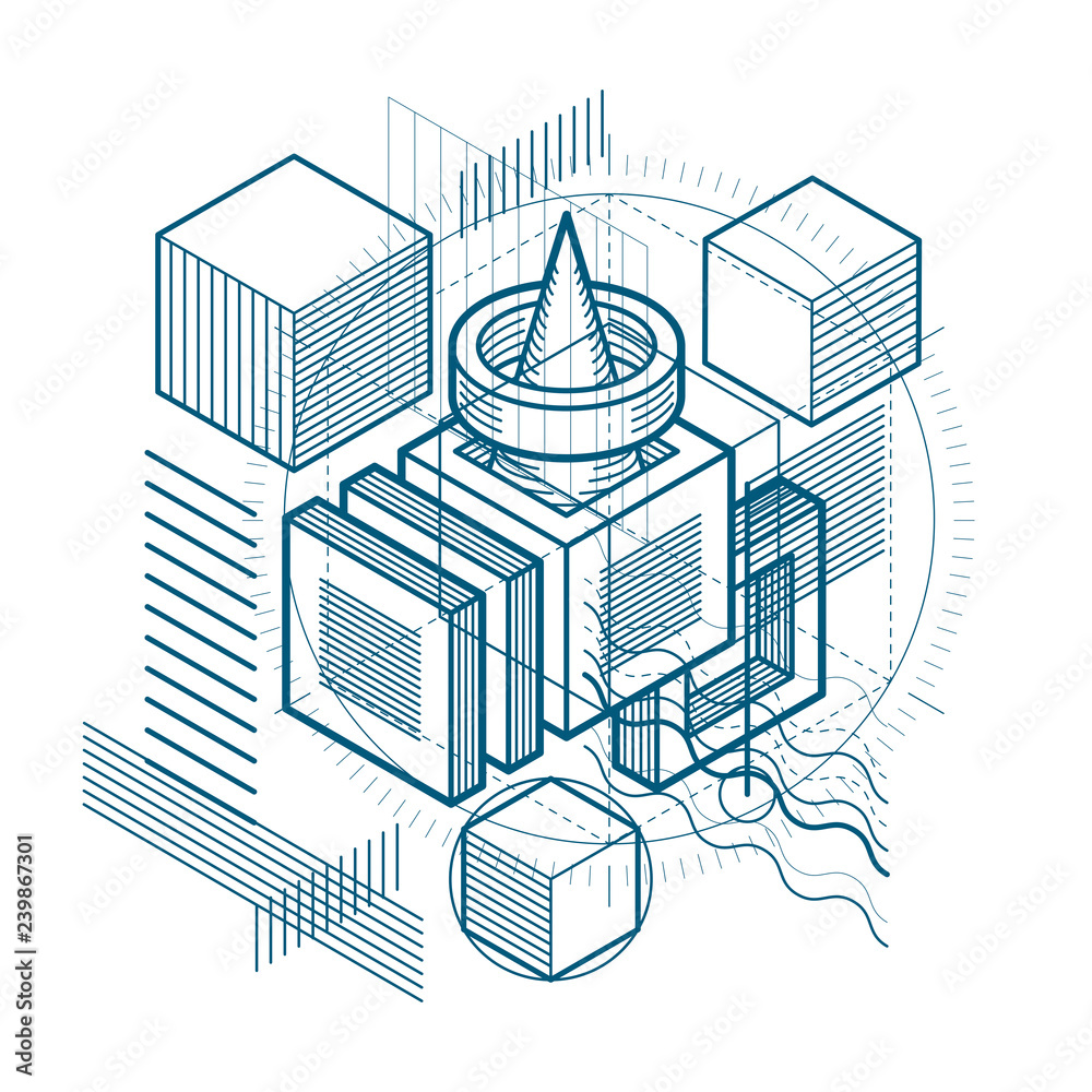 Abstract design with 3d linear mesh shapes and figures, vector isometric background. Cubes, hexagons, squares, rectangles and different abstract elements.