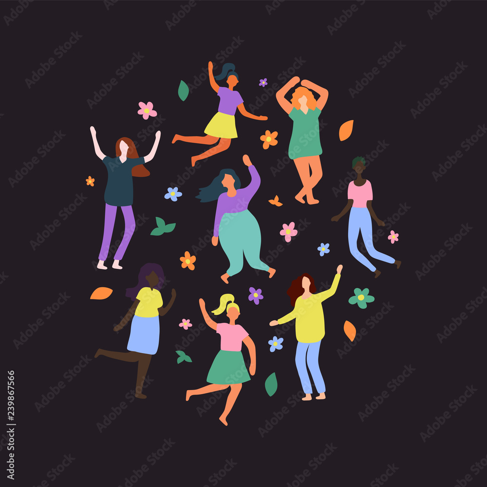 Bakground with multiracial women of different figure type and size dressed in comfort wear. Female cartoon characters with flowers. Body positive movement and beauty diversity. Vector illustration