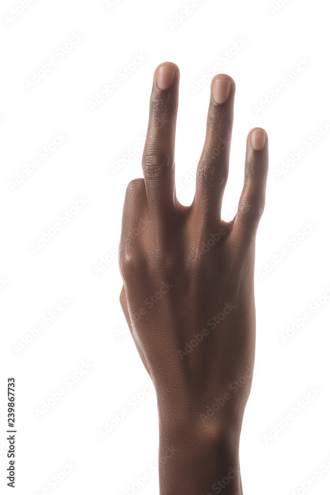 Fototapeta premium partial view of african american man showing letter F in deaf and dumb language isolated on white