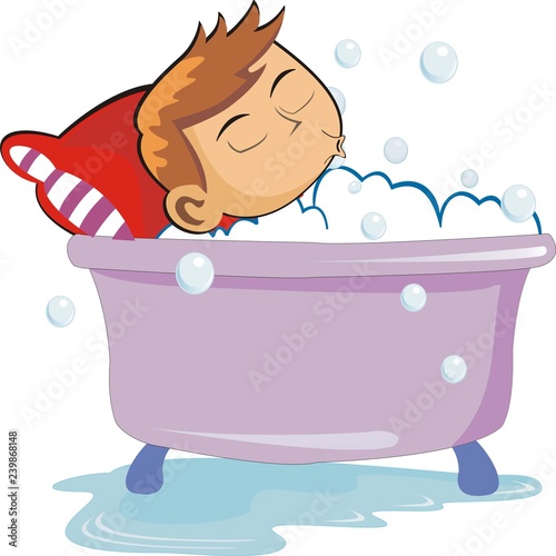 a boy is bathing in the bath tub