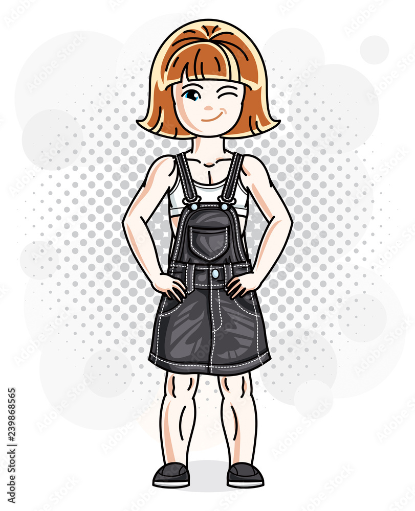 Cute happy red-haired girl in jeans wear posing. Vector character.