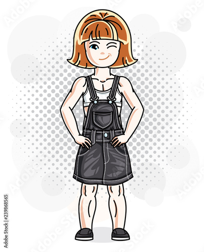 Cute happy red-haired girl in jeans wear posing. Vector character.