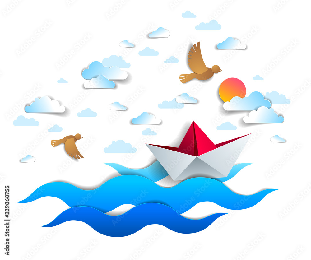 Paper ship swimming in sea waves, origami folded toy boat floating in the ocean with beautiful scenic seascape with birds and clouds in the sky, vector illustration. Paper ship swimming in sea waves, origami folded toy boat floating in the ocean with beautiful scenic seascape with birds and clouds in the sky, vector illustration.