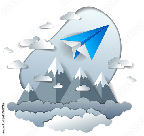 Paper plane flying in cloudy sky over scenic landscape of mountain range, origami folded toy airplane in beautiful nature, vector illustration, airlines, airways air travel theme.