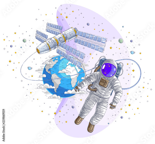 Astronaut went out into open space connected to space station and earth planet in background, spaceman floating in weightlessness and iss spacecraft, stars and other elements. Vector isolated.