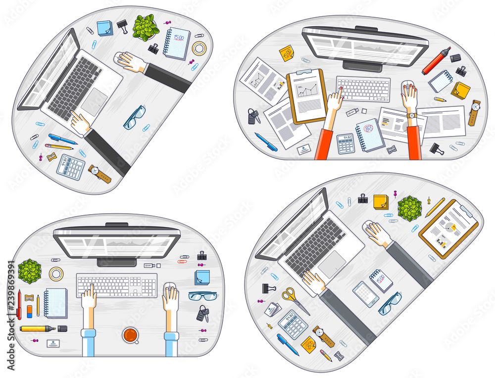 Office workers or entrepreneurs working on a PC computers, top view of workspaces desks with human hands and diverse stationery objects. All elements are easy to use separately. Vector set.