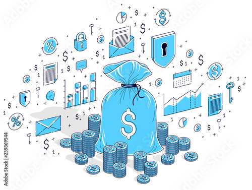 Money bag with cash money dollar stacks and coins piles isolated on white, personal savings concept. Vector 3d isometric business illustration with icons, stats charts and design elements.