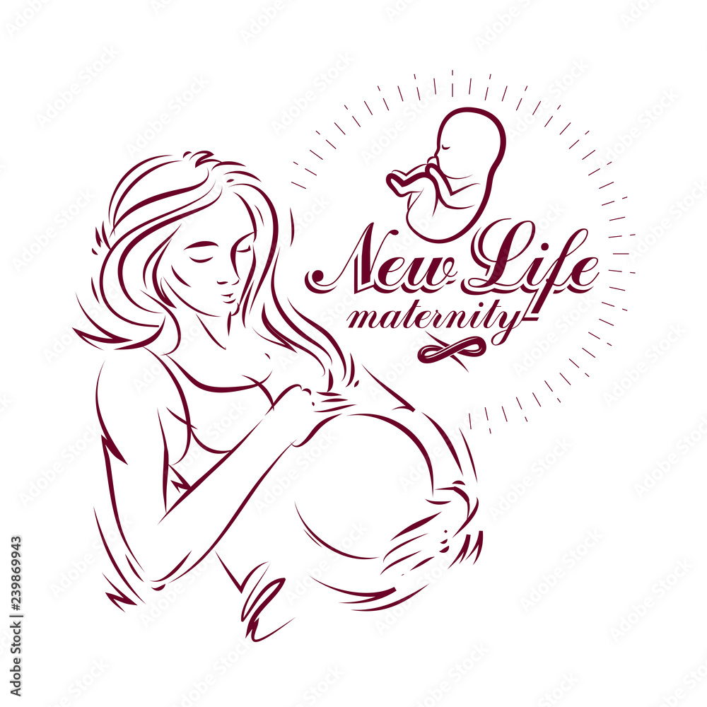 Fototapeta Pregnant female body shape hand drawn vector illustration, beautiful lady gently touching her belly. Maternity ward marketing poster