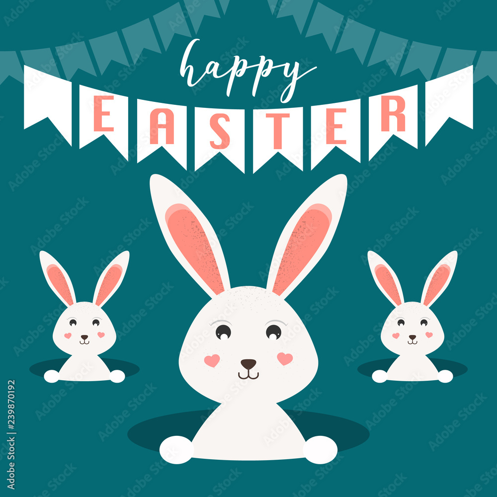 Fototapeta premium Happy Easter greeting card. Easter bunnies/rabbits. Vector Illustration.