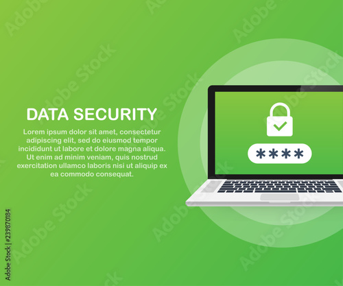 Computer security concept. Laptop with shield and lock on table. Flat vector illustration.