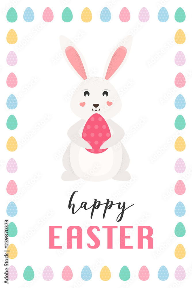 Fototapeta premium Happy Easter card, bunny with Easter egg. Vector Illustration.