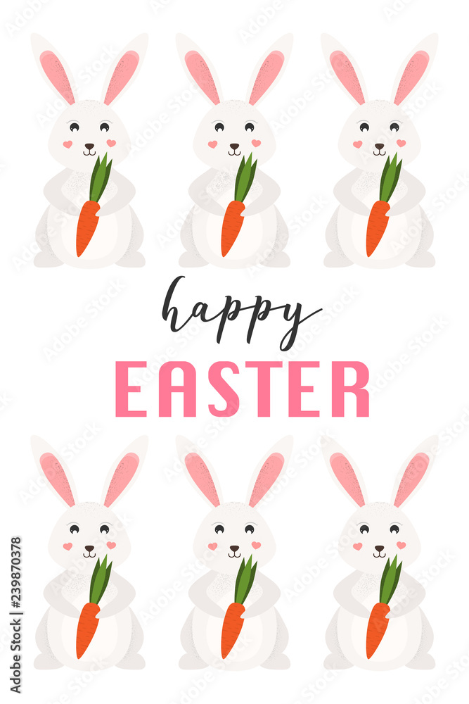 Fototapeta premium Happy Easter card, cute bunny. Easter rabbit eats a carrot. Vector Illustration.