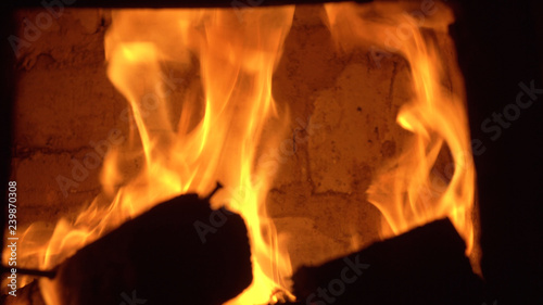 Burning Fire In Fireplace Close Up