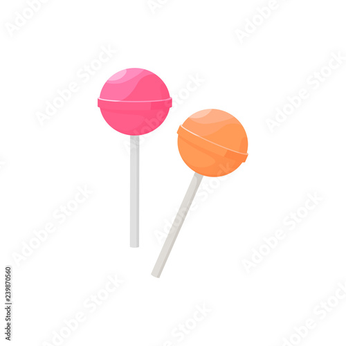Pink and yellow lollipop illustration. Caramel, popsicle, sweet. Food concept. Vector illustration can be used for topics like confectionery, sweet shop, supermarket