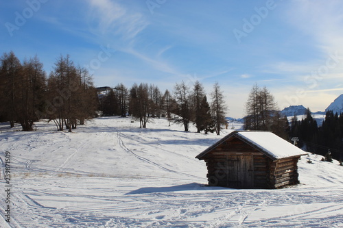 Capanna alpina in legno su un pianoro con la neve in montagna © Sandro