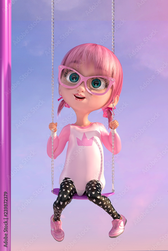Illustration of a cute cartoon girl on the children playground in the park.  Funny cartoon character of a little pretty girl with glasses and pink anime  hairs. 3D illustration. Stock Illustration |