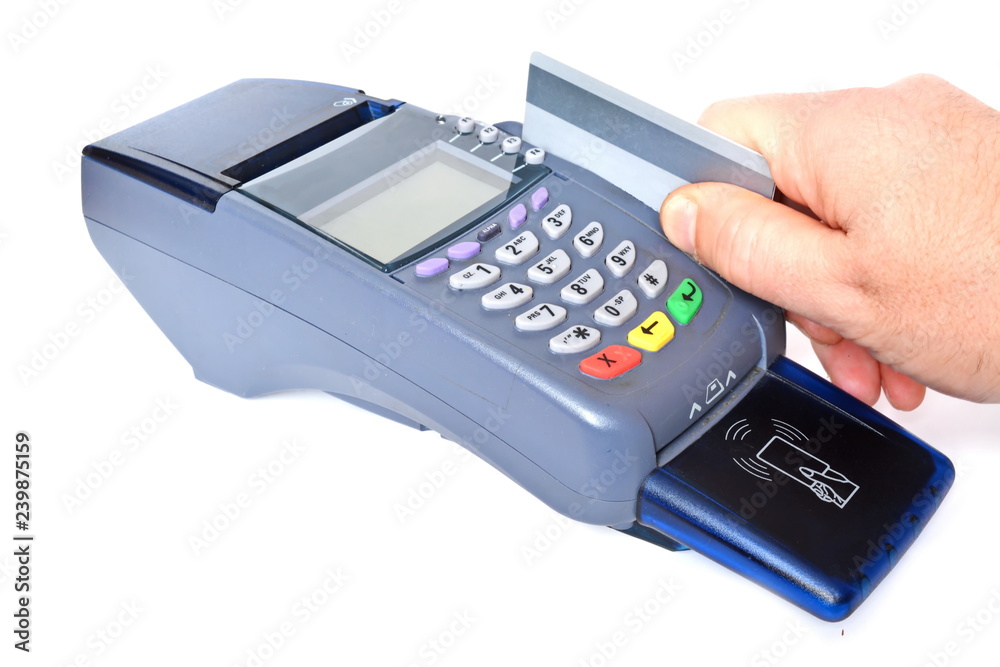 Hand brush make swipe plastic Bank card into card reader of pos payment terminal. Isolated. Hand brush make swipe plastic Bank card into card reader of pos payment terminal. Isolated.