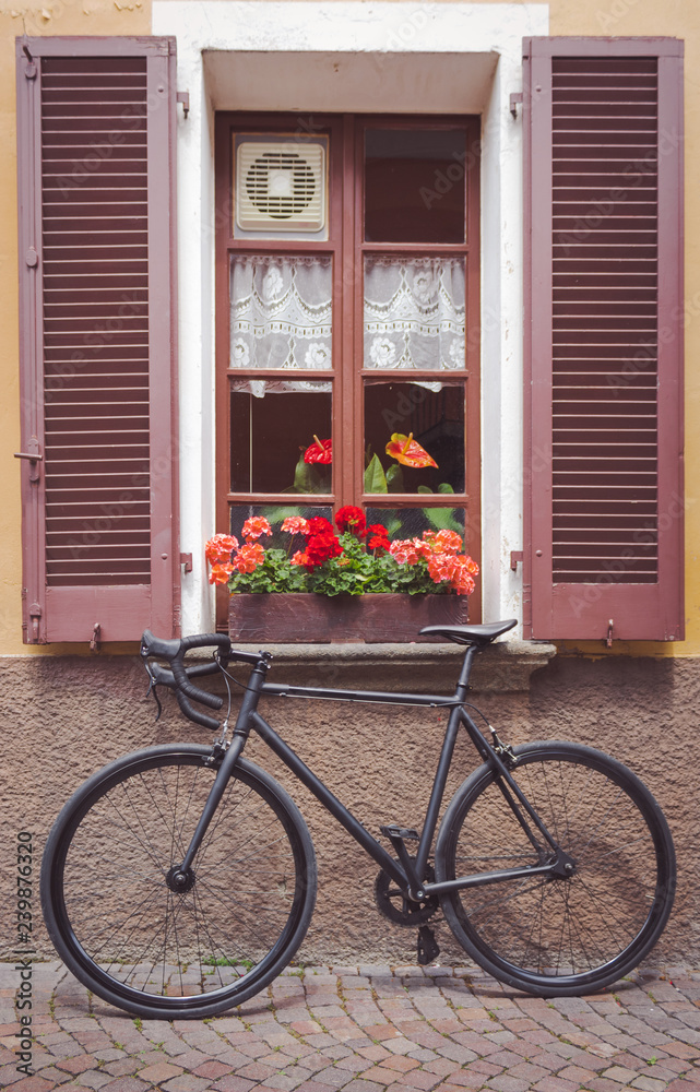 Bike placed under a window full of flowers