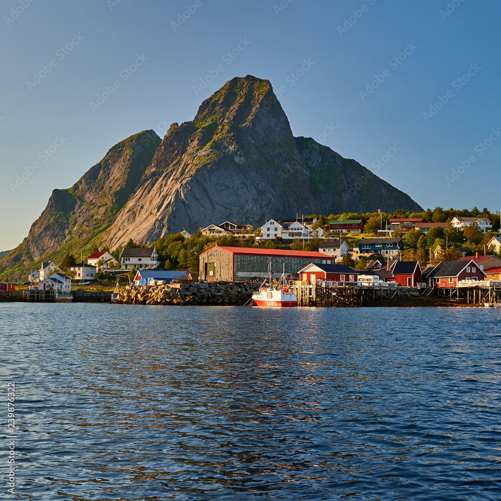 Norway. Fishing villages and boat.  Lofoten Islands. Norwegian nature. Scandinavian travel