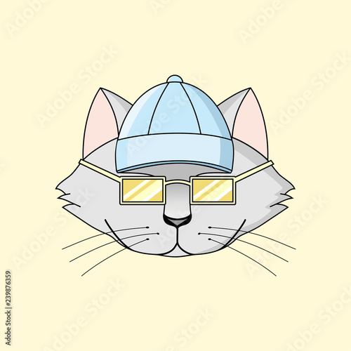 Gray cat in sunglasses yellow glasses and in a blue baseball cap