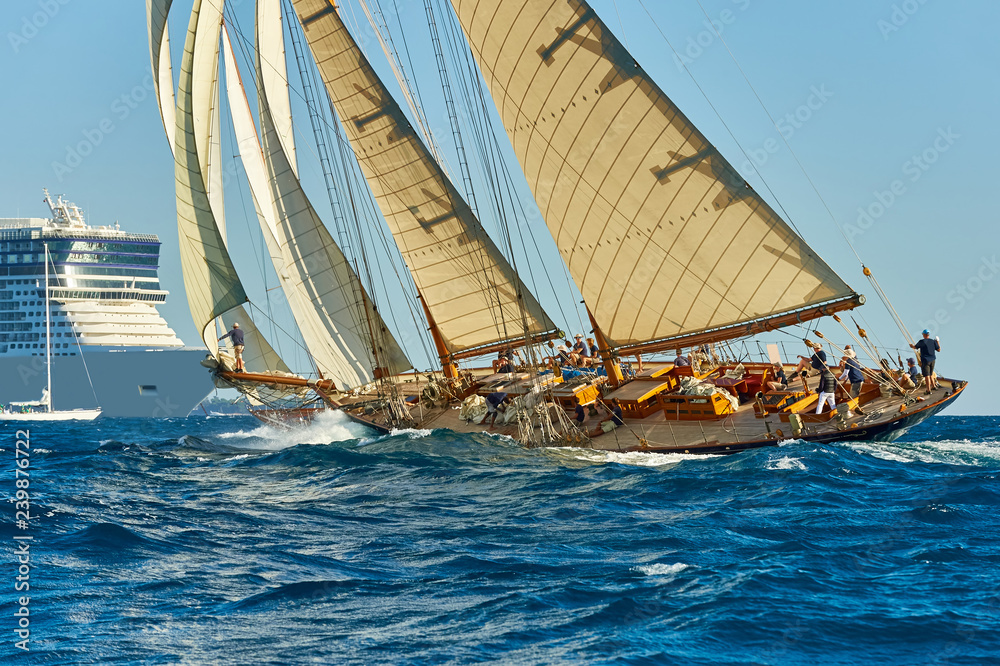 Fototapeta premium Sailing yacht race regatta. Sailboat in the sea under sail. Yachting sport