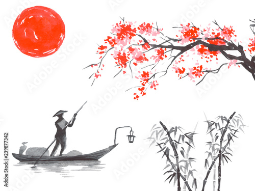 Japan traditional sumi-e painting. Fuji mountain, sakura, sunset. Japan sun. Indian ink illustration. Japanese picture.