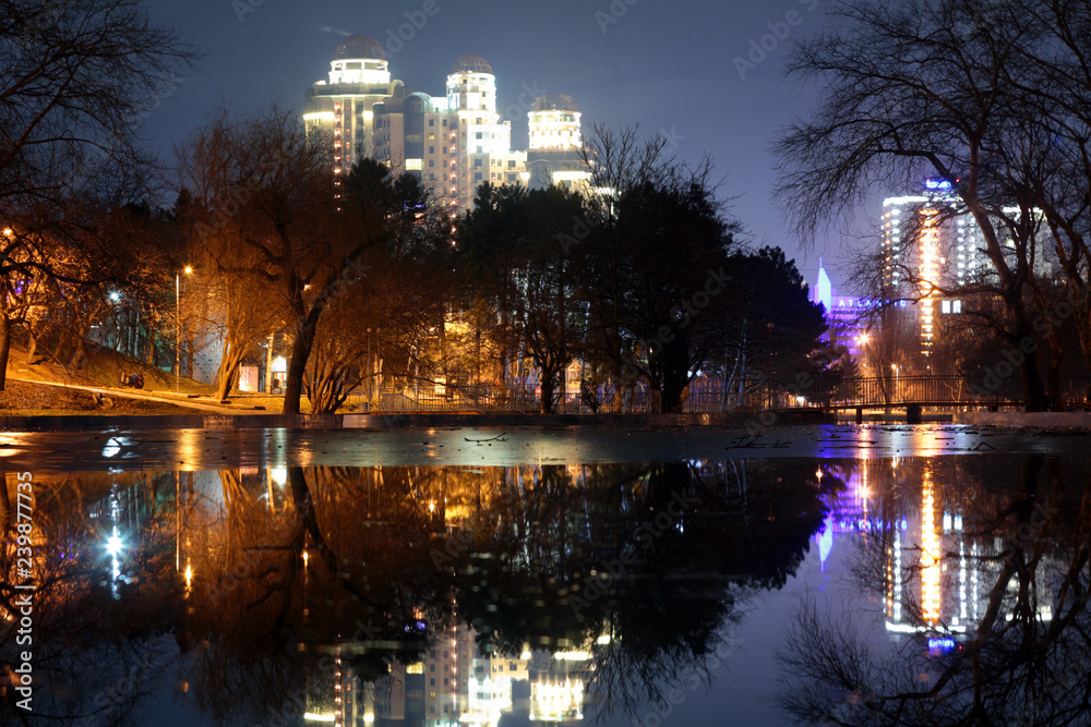 Night view of the park and the lake. Panorama of the park in the city of Odessa, Ukraine