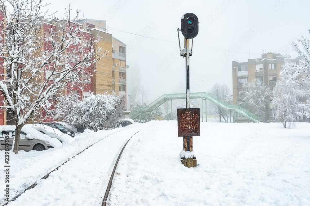 Fototapeta premium Novi Sad, Serbia - December 18, 2018: Railway line in Detelinara settlement in Novi Sad