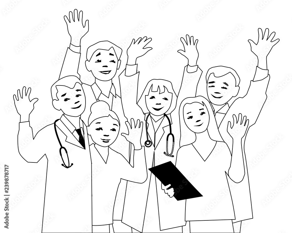Vector illustration of doctors team waving to camera. Clip art, lines, outline, black and white drawing, Vector illustration of doctors team waving to camera. Clip art, lines, outline, black and white drawing,